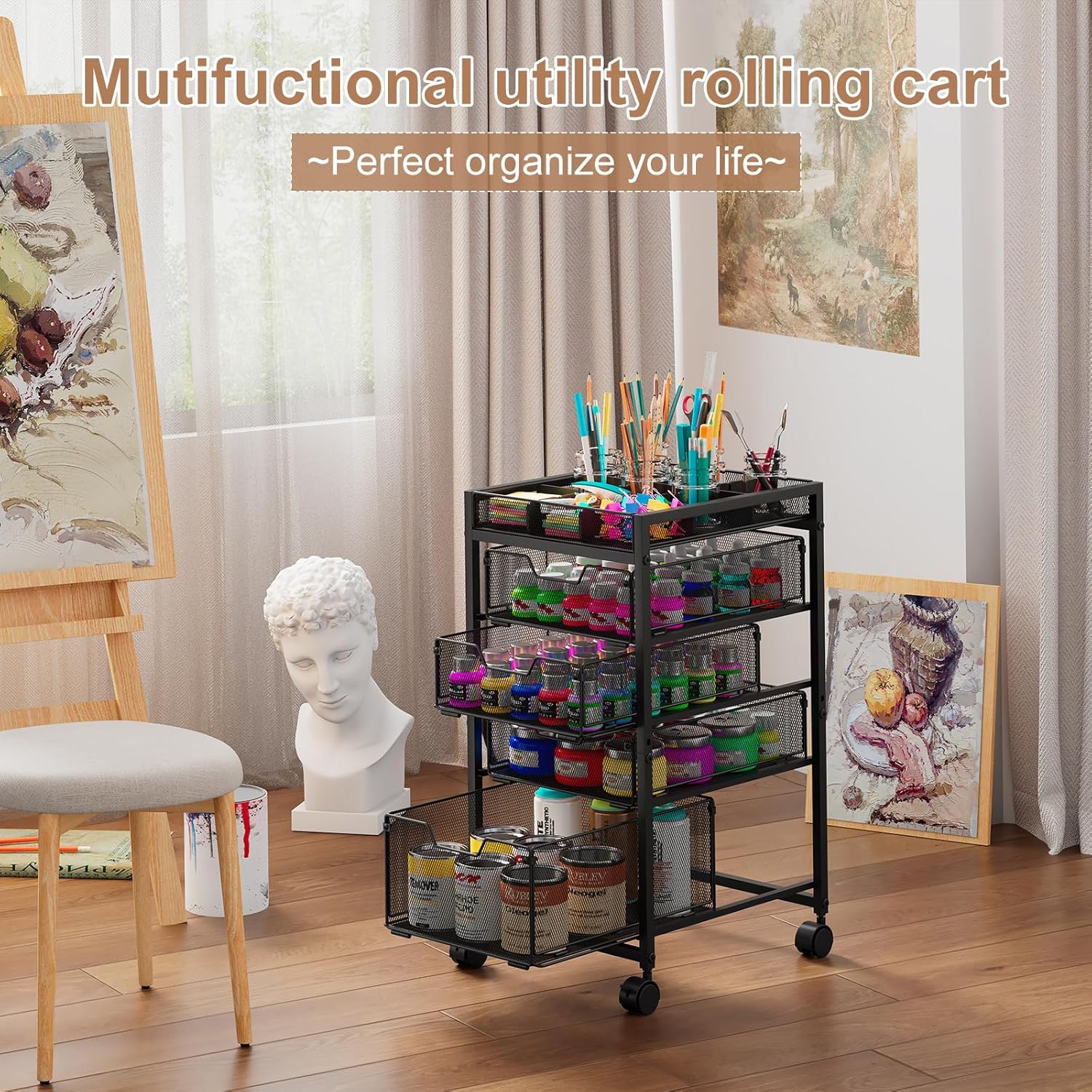 Rolling Utility Cart with 4 Dr - Art Craft Organizer avis et prix